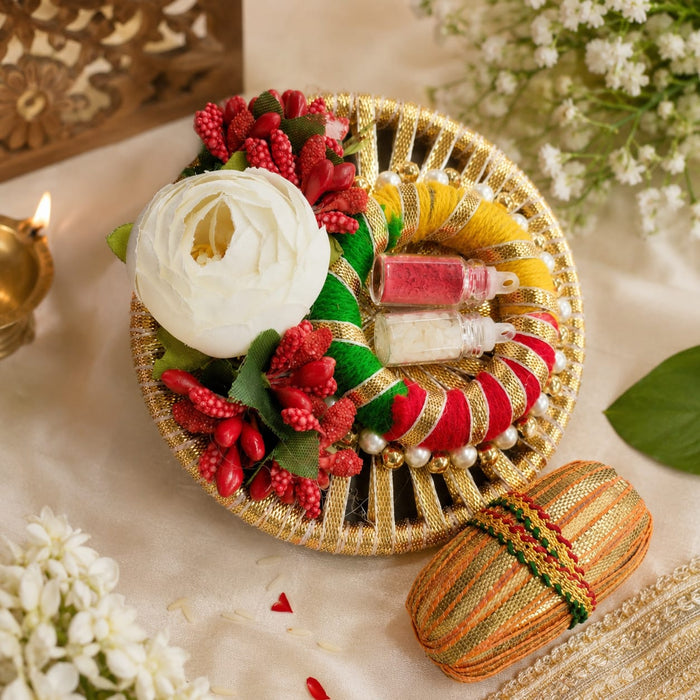Handcrafted Rakhi Roli Chawal Thali (4 inch) with Gatt Nariyel, Roli Chawal  | Festive Raksha Bandhan Platter