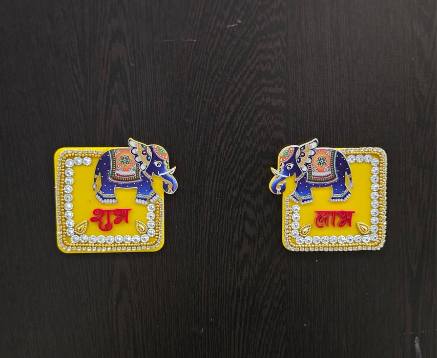 2 Pair Shubh Labh | Cow, Lotus, Elephant & Peacock Design | Decorative Entrance Door  | Pooja Room, Home, Office & Diwali Decoration