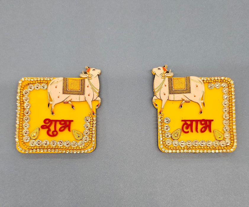 2 Pair Shubh Labh | Cow, Lotus, Elephant & Peacock Design | Decorative Entrance Door  | Pooja Room, Home, Office & Diwali Decoration