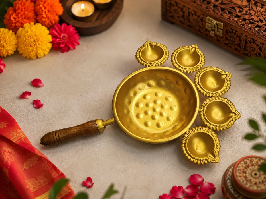 Metal 5 Diya Pooja Aarti Set with Handle | Traditional Decorative Diya Urli for Diwali, Pooja & Festive Décor | 12 Inch