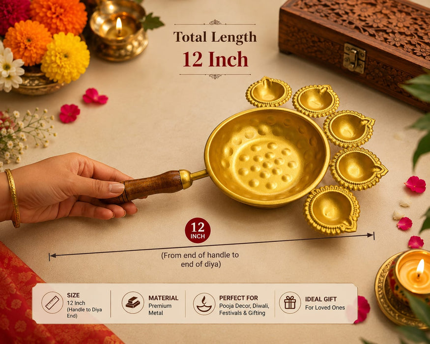 Metal 5 Diya Pooja Aarti Set with Handle | Traditional Decorative Diya Urli for Diwali, Pooja & Festive Décor | 12 Inch