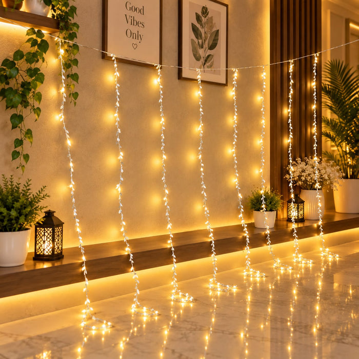 (DESIGN NO.6) 1 PCS Silver Leaf LED String Light 3 Meter × 2 Meter | Warm White Hanging Curtain Lights for Home, Diwali, Ganpati & Festive Decoration