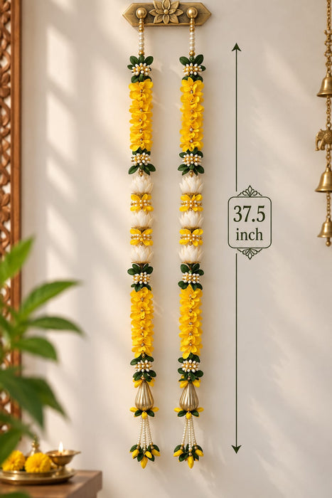 (Design No.9) Traditional Yellow & White Floral Toran Hanging for Home Decor | 37.5 Inch Decorative Door & Wall Hanging