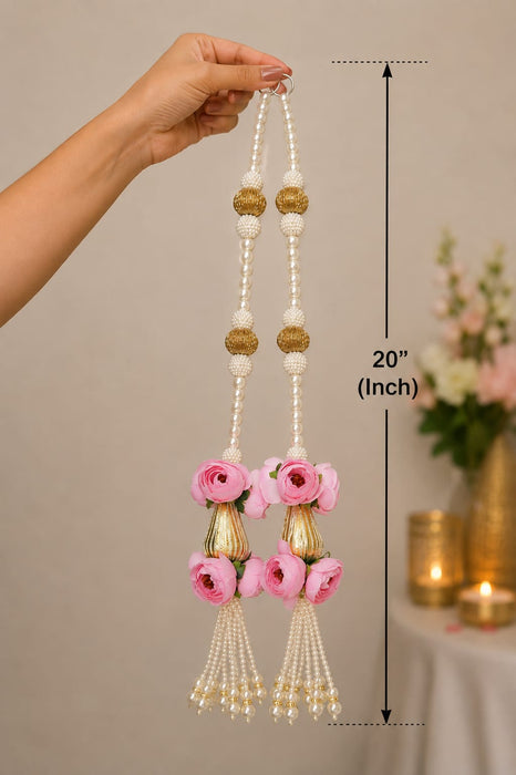 (Design No.3) Premium Pearl & Golden Bead Floral Hanging Latkan | Pink Artificial Flower Toran for Wedding, Pooja, Festive Home Décor & Mandir Decoration