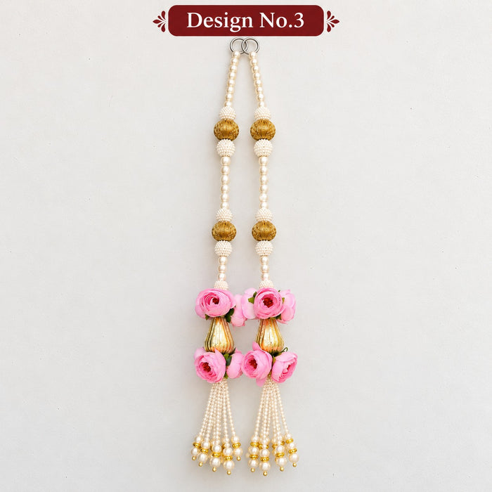 (Design No.3) Premium Pearl & Golden Bead Floral Hanging Latkan | Pink Artificial Flower Toran for Wedding, Pooja, Festive Home Décor & Mandir Decoration