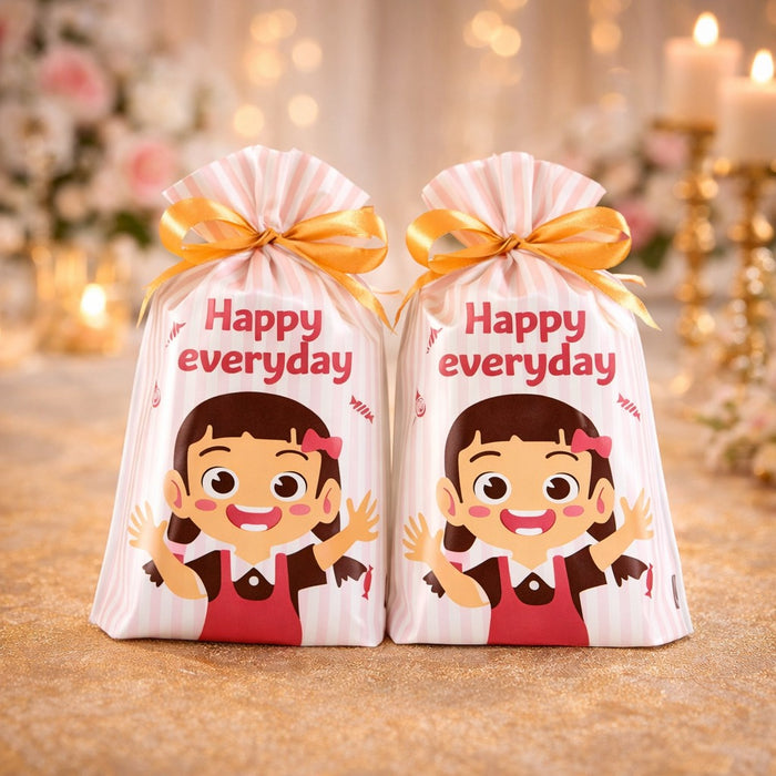 Cartoon Gift pouch/Potli with Ribbon | Cute Pink & Blue Candy Wrapper for Birthday Return Gifts, Kids Party Favors, Small Treat Bags, Goodie Bags, Specially For Baby Shower Gifting ,Return Gift,Potili Pouch (Happy Every Day Design)
