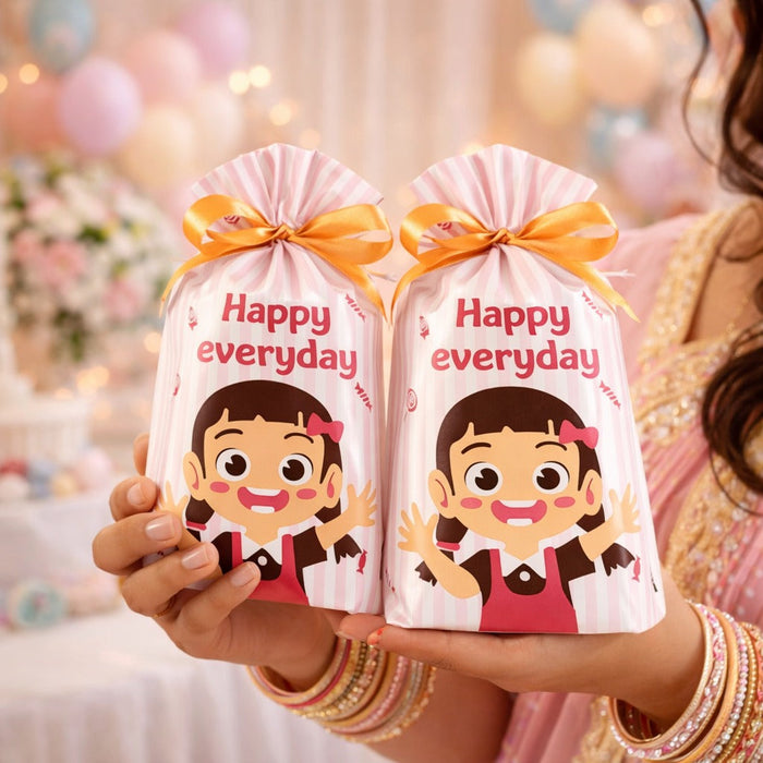 Cartoon Gift pouch/Potli with Ribbon | Cute Pink & Blue Candy Wrapper for Birthday Return Gifts, Kids Party Favors, Small Treat Bags, Goodie Bags, Specially For Baby Shower Gifting ,Return Gift,Potili Pouch (Happy Every Day Design)
