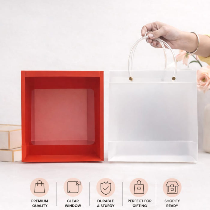 Foldable Transparent Gift Hamper Box with Handle | Reusable PVC Carry Bag for Gifting, Wedding Hampers & Packaging (Red, White, Sky Blue, Orange)