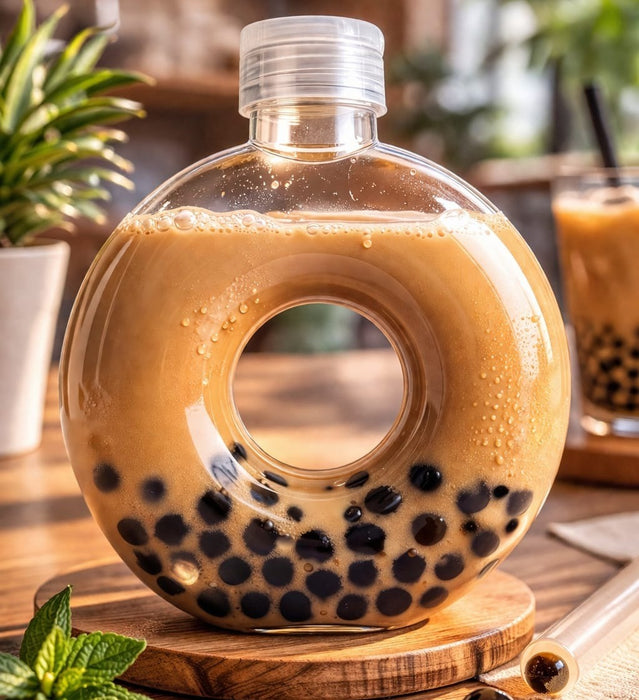 Celebrity Style Packing Bottles, Designer PET Jars with Cap celebrity style jar ( Donut & Translucent Donut Shape) | Trendy Plastic Bottles for Boba Tea, Juice, Mojito, Dry Fruits & Gifting
