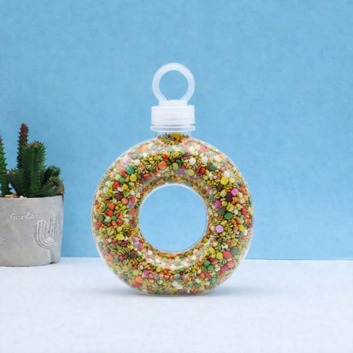 Celebrity Style Packing Bottles, Designer PET Jars with Cap celebrity style jar ( Donut & Translucent Donut Shape) | Trendy Plastic Bottles for Boba Tea, Juice, Mojito, Dry Fruits & Gifting