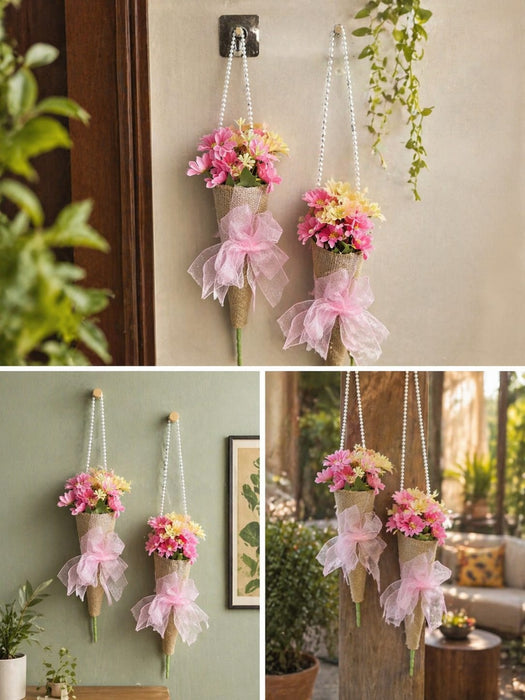 Artificial Daisy Flower Bouquet with Pearl Handle | Decorative Wall Hanging Floral Arrangement for Home Decor, Living Room, Gifting & Festive Decoration