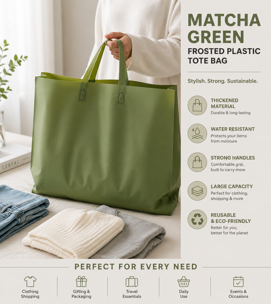 Matcha Green Frosted Plastic Tote Bag | Thickened Waterproof Clothing Shopping Carry Bag with Handles (11x10x3 Inch)