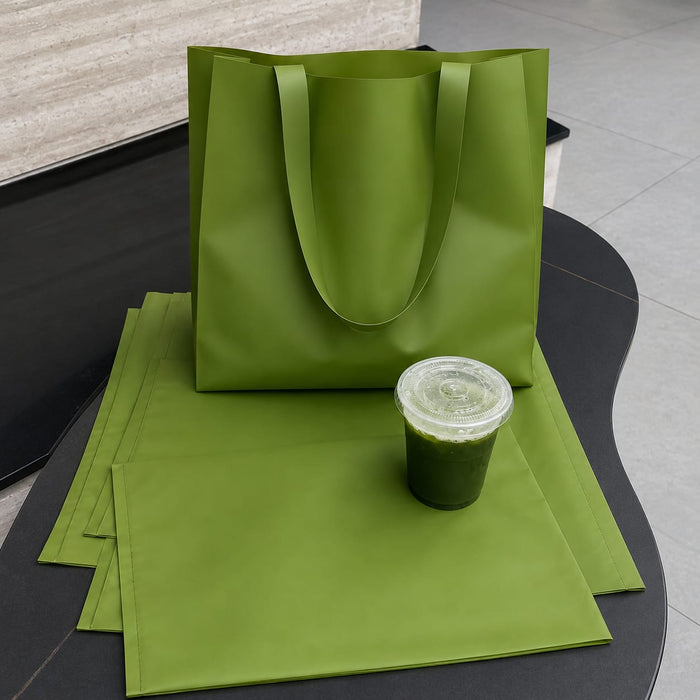 Matcha Green Frosted Plastic Tote Bag | Thickened Waterproof Clothing Shopping Carry Bag with Handles (11x10x3 Inch)