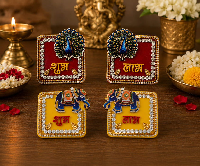 2 Pair Shubh Labh | Cow, Lotus, Elephant & Peacock Design | Decorative Entrance Door  | Pooja Room, Home, Office & Diwali Decoration