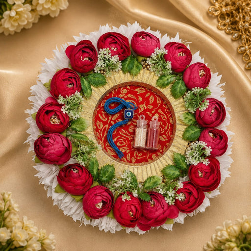 Handmade Floral Rakhi Platter/Pionee Platter  – Decorative Flower Rakhi Tray with Artificial Roses  for Wedding, Engagement | Pooja Platter, Center Table Decor,Gifting ( Rakhi Platter with Rakhi And Roli Chawal )