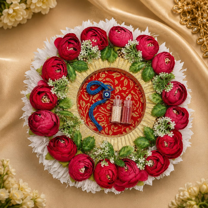 Handmade Floral Rakhi Platter/Pionee Platter  – Decorative Flower Rakhi Tray with Artificial Roses  for Wedding, Engagement | Pooja Platter, Center Table Decor,Gifting ( Rakhi Platter with Rakhi And Roli Chawal )