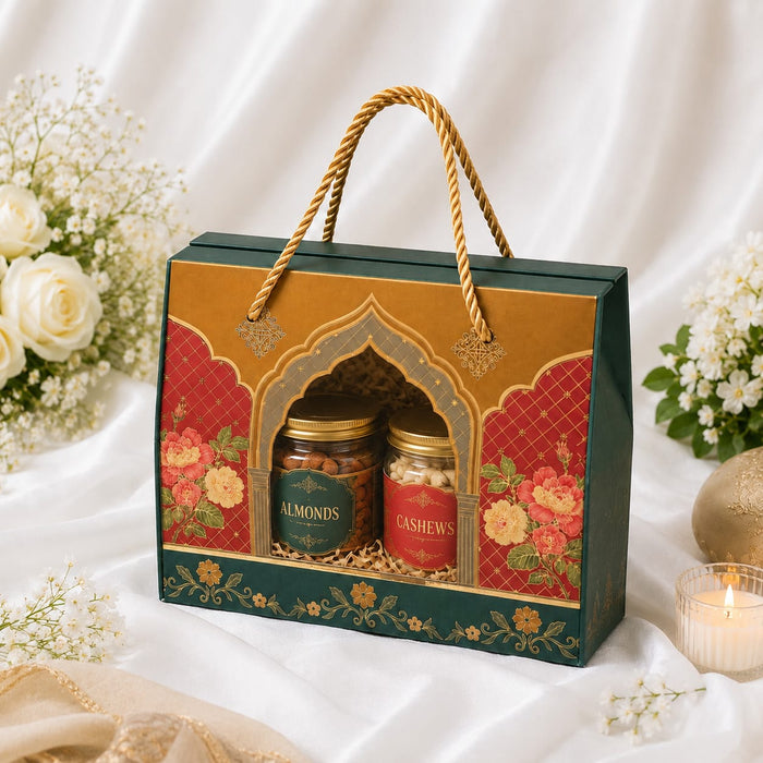 Royal Floral Window Hamper Box with Luxury Rope Handle | Premium Gift Packaging Box for Wedding, Rakhi, Diwali, Return Gifts, Chocolates & Dry Fruits | 19 × 15 × 10 CM