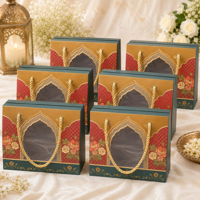 Royal Floral Window Hamper Box with Luxury Rope Handle | Premium Gift Packaging Box for Wedding, Rakhi, Diwali, Return Gifts, Chocolates & Dry Fruits | 19 × 15 × 10 CM