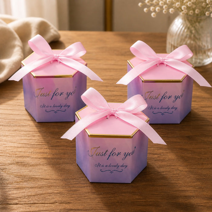50 Pcs Hexagon Paper Gift Box with Ribbon, Gift Packaging Box for Wedding Return Gifts, Birthday Favours, Chocolate, Dry Fruit, Jewellery, Cosmetics, Baby Shower & Festive Hamper Packing