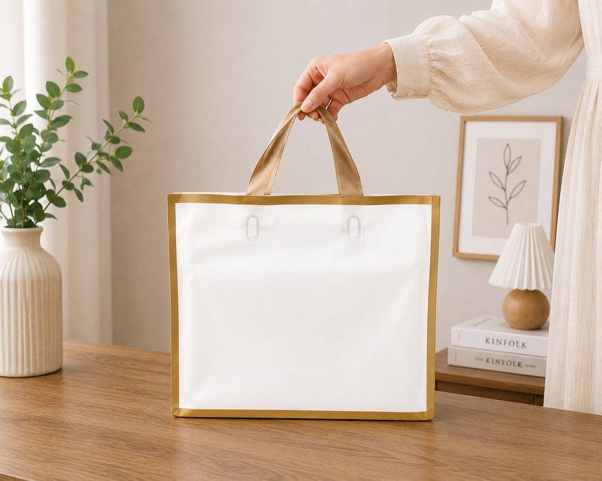 Premium Plastic  Frosted Gift Carry Bag with Handle – Black, White & Green | 35×25×10 cm