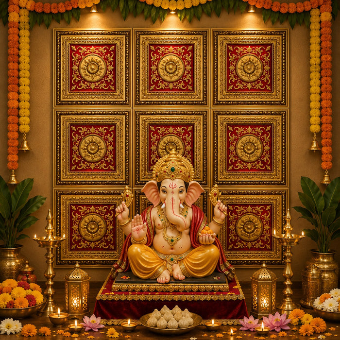 Premium Backdrop Wall Panels (9 pcs set) | 30 × 30 CM Each Panel For Ganpati , Janmashtami , Durga pooja  and Diwali  | 90 × 90 CM DIY Mandap Background | 9 Panels | 3 Designs | Includes Double-Sided Tape