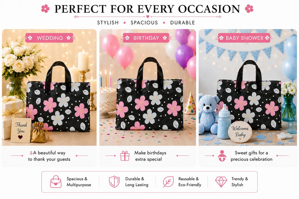 Premium Printed Frosted Plastic Gift Tote Bags | Reusable Carry Bags for Return Gifts, Hampers & Party Packaging (5 Designs Available)