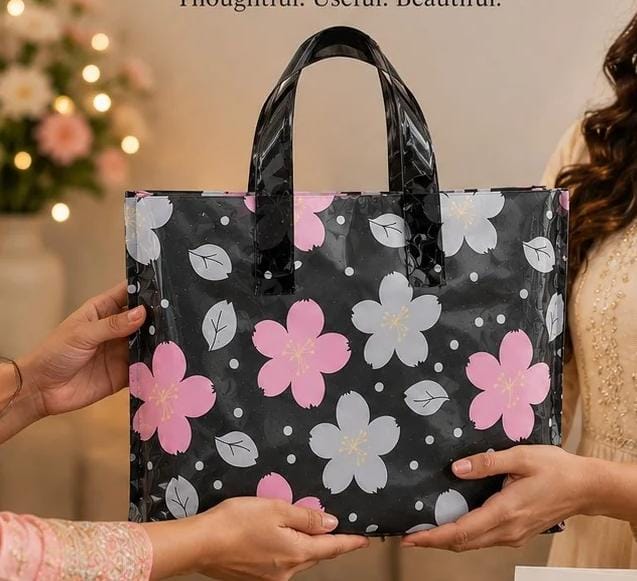 Premium Printed Frosted Plastic Gift Tote Bags | Reusable Carry Bags for Return Gifts, Hampers & Party Packaging (5 Designs Available)