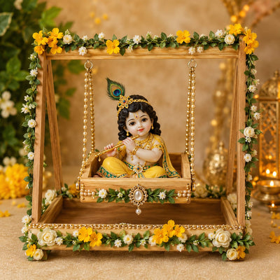 Premium Wooden Folding/Foldable Jhula Swing for ganpati , Baby shower , Balgopal Krishna Janmashtami | Traditional Palna for Laddu Gopal, Kanhaji Pooja, Home Mandir Temple Festival Decoration (Wooden Jhula)