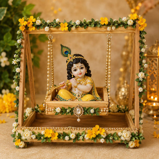 Premium Wooden Folding/Foldable Jhula Swing for ganpati , Baby shower , Balgopal Krishna Janmashtami | Traditional Palna for Laddu Gopal, Kanhaji Pooja, Home Mandir Temple Festival Decoration (Wooden Jhula)