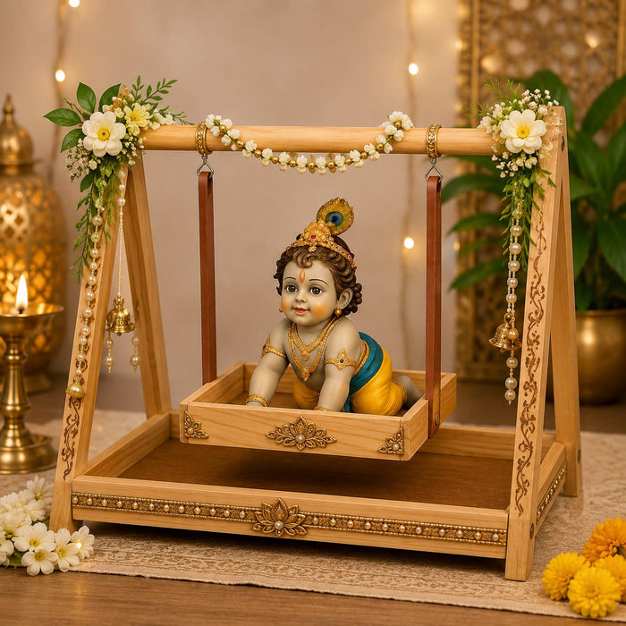 Premium Wooden Folding/Foldable Jhula Swing for ganpati , Baby shower , Balgopal Krishna Janmashtami | Traditional Palna for Laddu Gopal, Kanhaji Pooja, Home Mandir Temple Festival Decoration (Wooden Jhula)