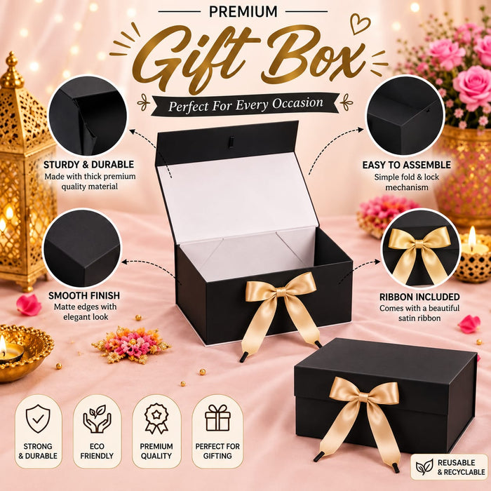 Collapsible  Without Magnet  Decorative Folding Paper Cardboard /Box with ribbon,DIY Box for Gift Hamper,Valentine Gifting,Wedding gifing.