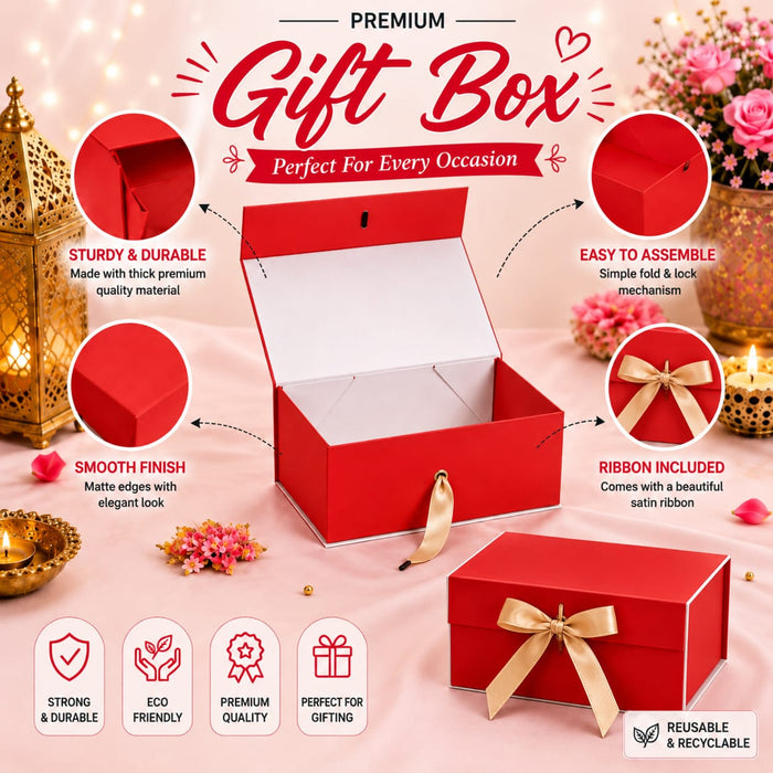 Collapsible  Without Magnet  Decorative Folding Paper Cardboard /Box with ribbon,DIY Box for Gift Hamper,Valentine Gifting,Wedding gifing.