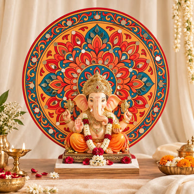 Round Ganpati Mandap with Stand – 18 Inch | Mandala & Peacock Theme + Jharokha Shape Option