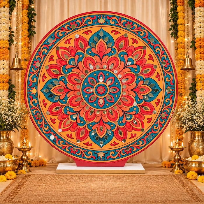 Round Ganpati Mandap with Stand – 18 Inch | Mandala & Peacock Theme + Jharokha Shape Option