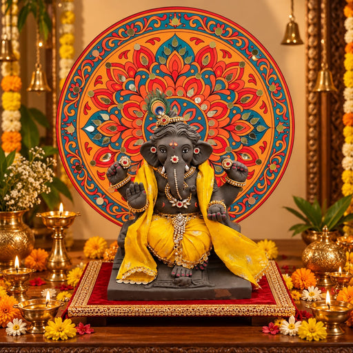 Round Ganpati Mandap with Stand – 18 Inch | Mandala & Peacock Theme + Jharokha Shape Option