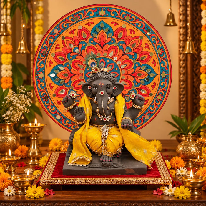 Round Ganpati Mandap with Stand – 18 Inch | Mandala & Peacock Theme + Jharokha Shape Option