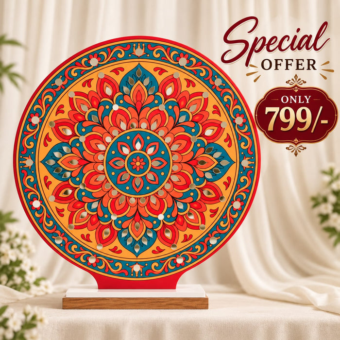 Round Ganpati Mandap with Stand – 18 Inch | Mandala & Peacock Theme + Jharokha Shape Option