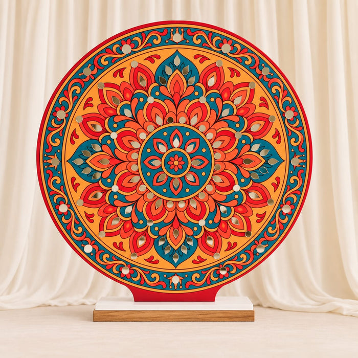 Round Ganpati Mandap with Stand – 18 Inch | Mandala & Peacock Theme + Jharokha Shape Option