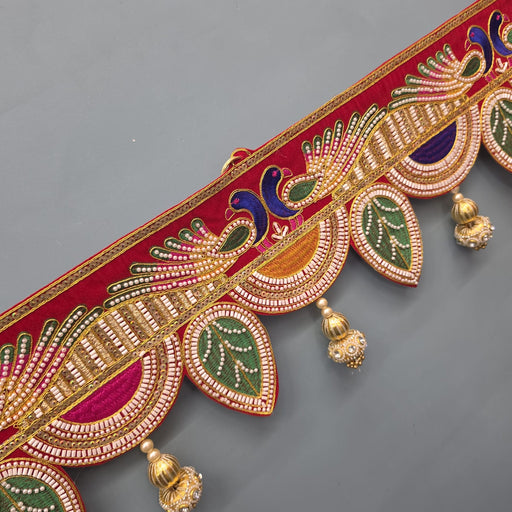 (Design No.8) 1 Pcs  Premium Peacock Design Embroidered Toran with Golden Latkan | 38 Inch Red Door Hanging | Traditional Festive Home Décor