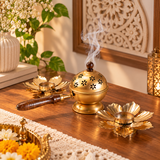 Combo Set of Dhoop Dani with Metal Lotus | Pooja, Home Purifying, Loban & Incense Burner, Diwali Décor