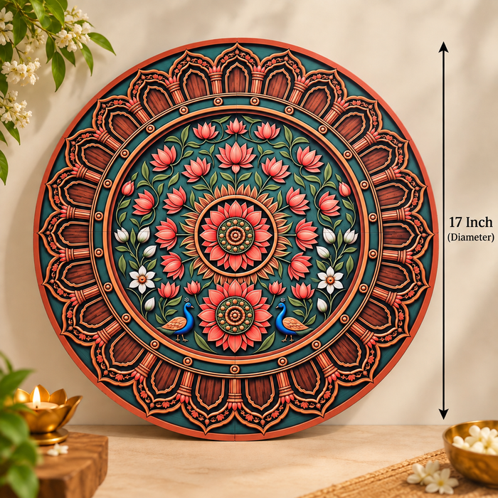 Heritage 3D look Rangoli MDF | Beautiful Lotus & Peacock Design | Reusable Rangoli for Diwali, Home, Festive, Ganpati & Durga Puja Decoration