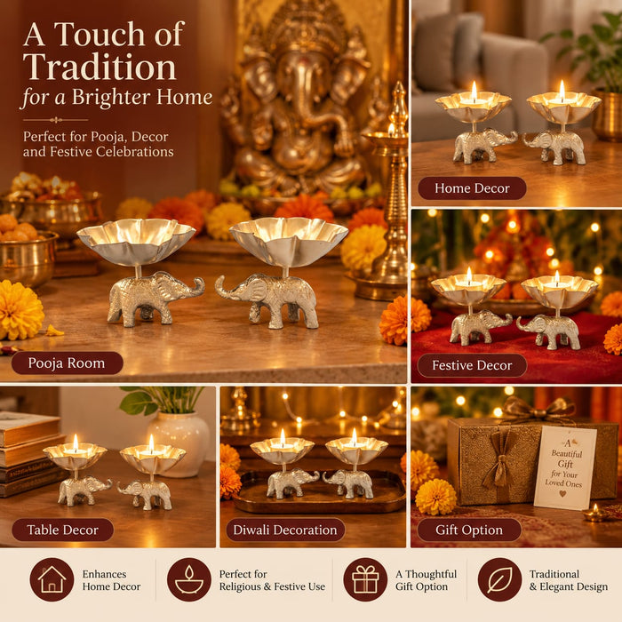 Decorative Metal Elephant Diya for Home, Pooja Room & Temple Décor, Traditional Elephant Design Oil Lamp for Diwali, Ganpati, Festive Occasions, Wedding Decoration & Housewarming Gifts