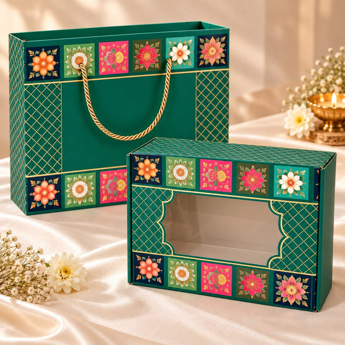 Premium Green Floral Printed Gift Hamper Box with Transparent Window | 11 × 8 × 3 Inch | Elegant Gift Packaging Box