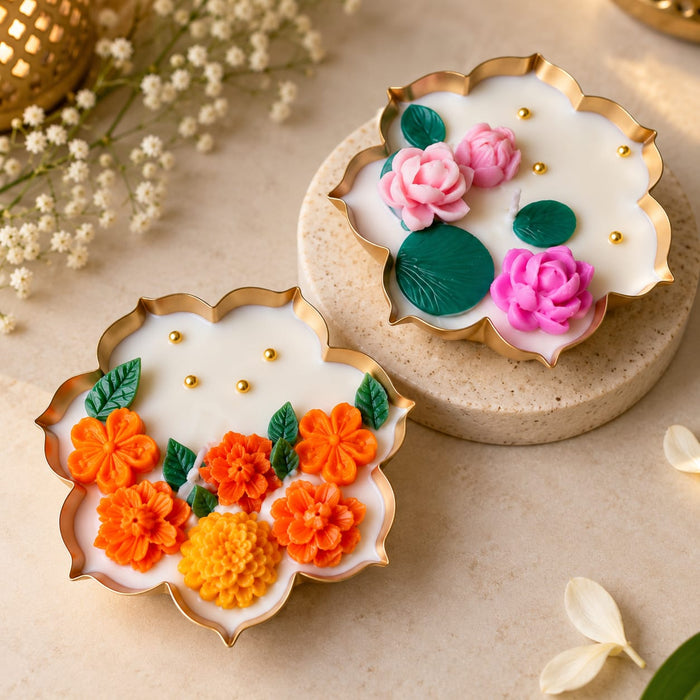 (Design No.34) Premium Golden Metal Decorative Plate | 3.5 Inch Floral Design Plate | Pooja, Festive & Home Decor