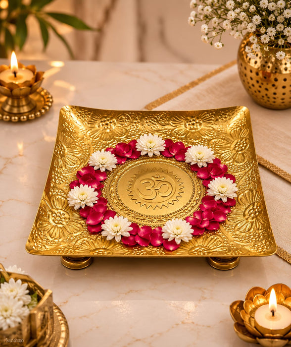 1 Pcs Premium Golden Metal Decorative Tray with Om Design | Embossed Floral Pooja Thali & Centerpiece Tray | Elegant Home Décor, Diwali, Festive & Pooja Decoration |