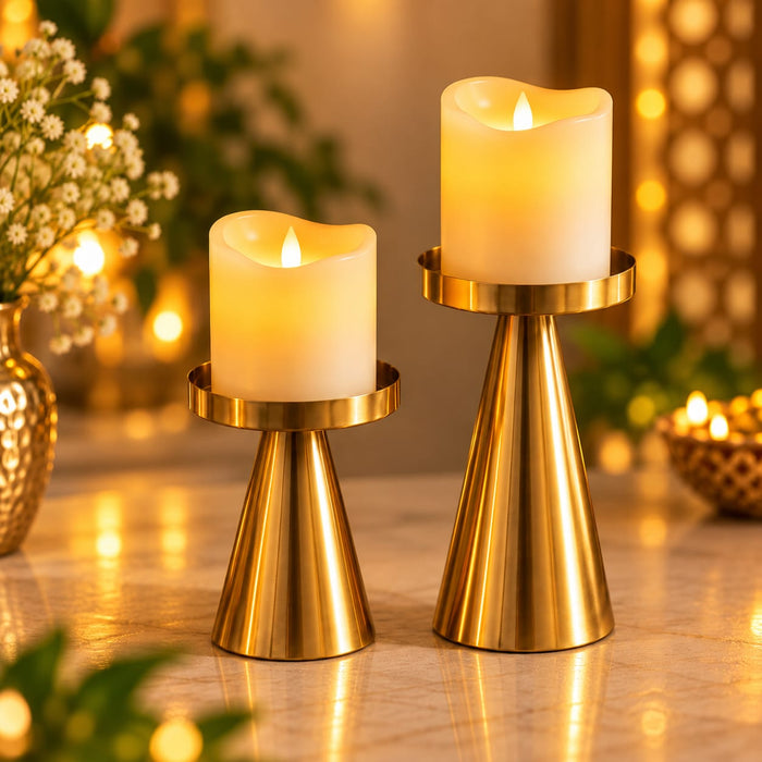 (Design No.14) Modern Gold Metal Candle Holder Set – Elegant Decorative Pillar Candle Stand for Table Centerpiece, Living Room & Wedding Décor Pack 1 set of 2pcs (Small, Big )