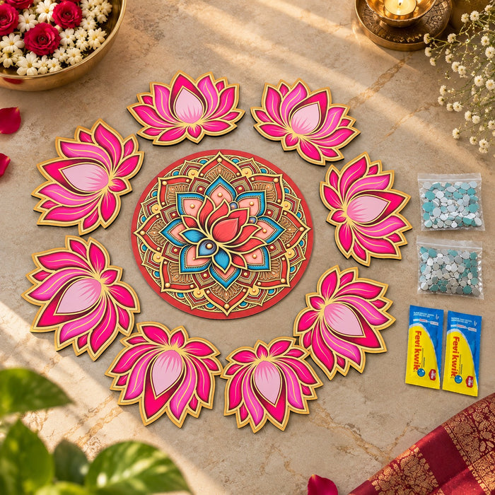 Ashtakamal 3D Look Rangoli Set DIY Kit | MDF Lotus Floral Rangoli for Home Entrance, Pooja Room, Wedding & Festive Decor