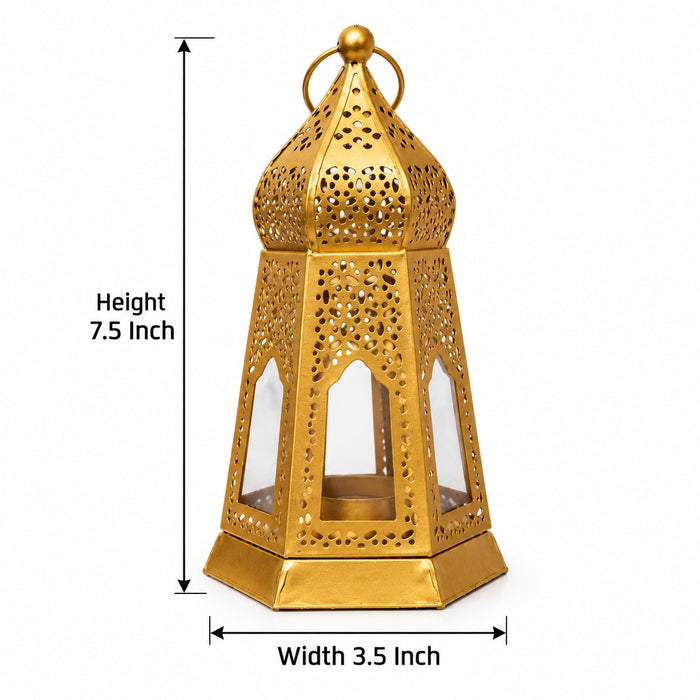 (Design No.39) Golden Metal Hanging Lantern for Diya & Candle | Decorative Moroccan-Style Lantern | 7.5 Inch Height × 3.5 Inch Width