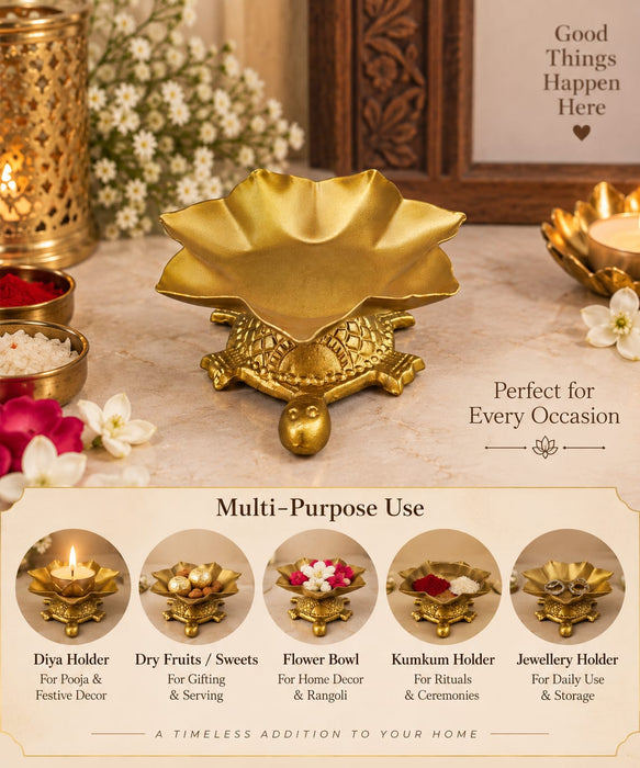 Premium Golden Lotus Decorative Bowl with Turtle Base | Traditional Metal Urli Bowl | Diya, Flower Petals & Festive Home Décor