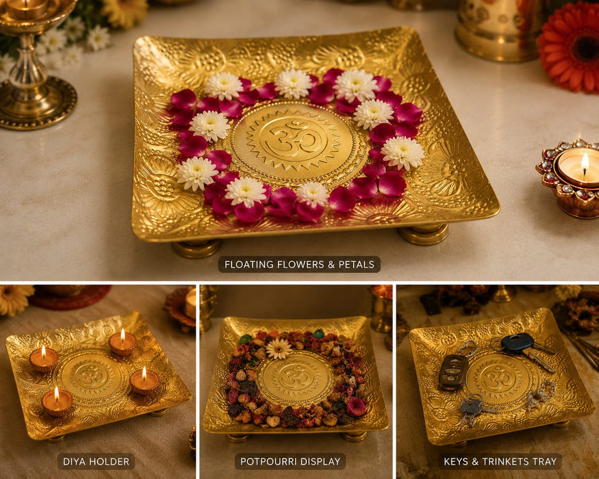 1 Pcs Premium Golden Metal Decorative Tray with Om Design | Embossed Floral Pooja Thali & Centerpiece Tray | Elegant Home Décor, Diwali, Festive & Pooja Decoration |